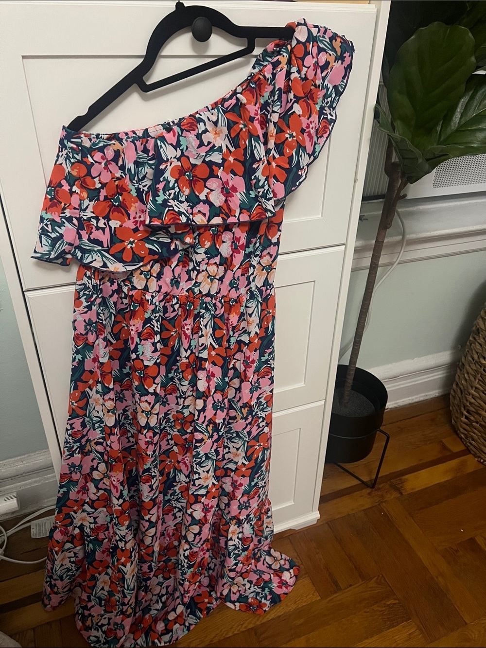 Floral One-Shoulder Maxi Dress in Coral and Pink